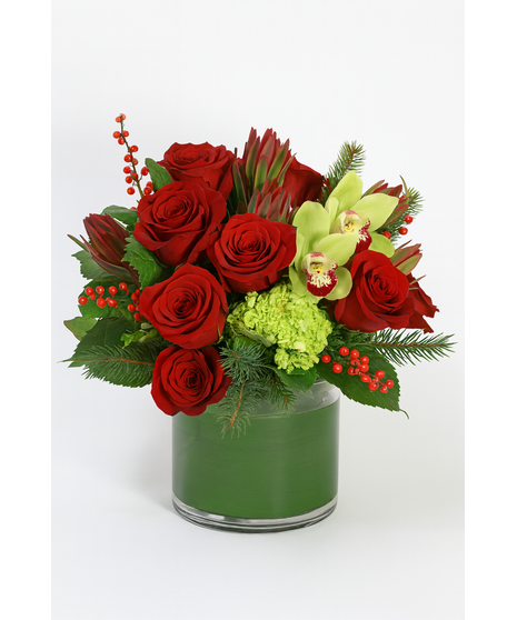 Luxury arrangement with red roses, green hydrangeas, green cymbidium orchids, Douglas fir, and red leucadendron in a round green vase.