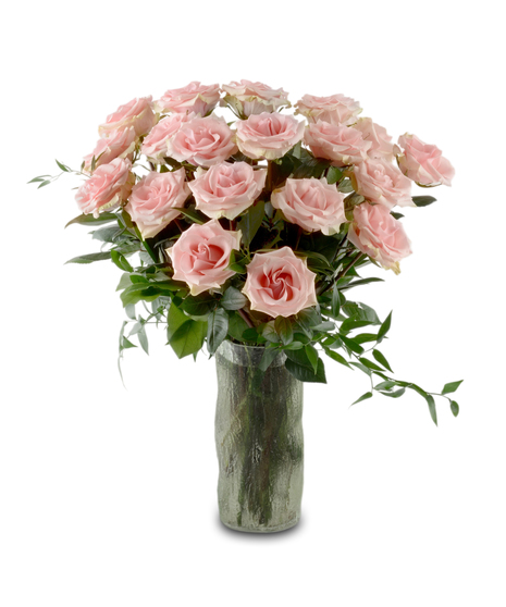 Blush pink roses arranged in a glass vase with greenery and optional baby's breath, forming a full romantic bouquet available in multiple rose counts.