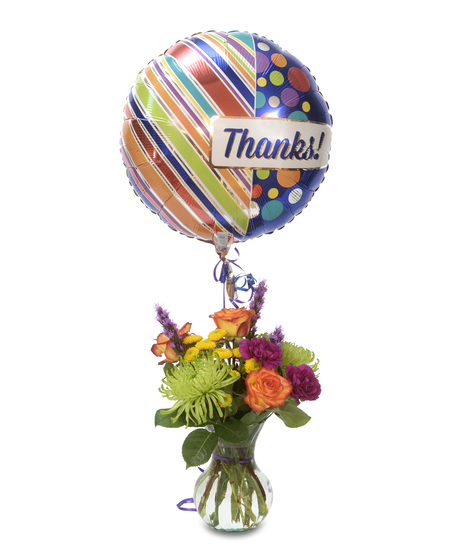 Bright flower mix with Thanks balloon
