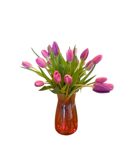 Tulip Twirl is a cheerful bouquet of pink and purple tulips arranged in a pink or rose glass vase. Available in three sizes. A fresh and colorful spring floral gift.