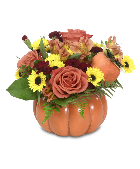 Charming ceramic pumpkin filled with orange roses, carnations, yellow mums, blue thistle, cattails, and a pumpkin pick. A heartwarming ode to autumn's delight