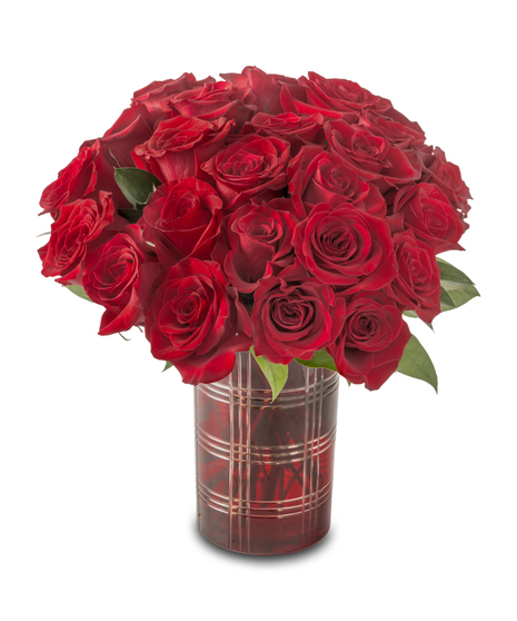 A compact arrangement of red roses accented with white baby’s breath and greenery, designed in a small vase and standing approximately 12–14 inches tall.