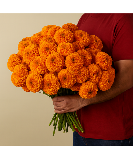 Wholesale marigold stems wrapped in brown craft paper, available from Walter Knoll Florist for Día de los Muertos 