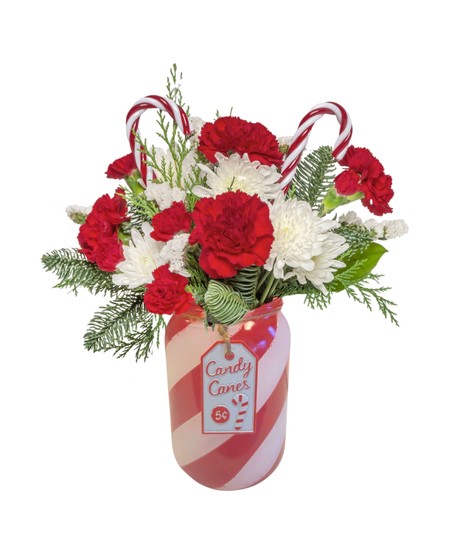 Red and white floral arrangement with roses, carnations, white mums, winter greens, and candy canes in a striped vase inspired by St. Louis Hills Candy Cane Lane lights.