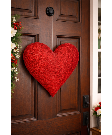 Large red glitter heart hanging from clear fishing line on a front door, creating a festive Valentine’s Day decoration.