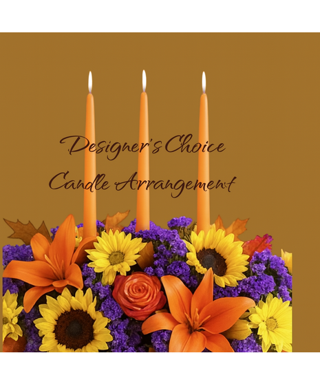 Custom Thanksgiving candle arrangement created by florists with seasonal blooms and warm fall colors, designed around your choice of two or three candles.