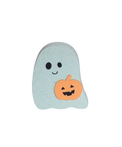 Three pastel ghost decorations including a white ghost with a witch hat, a blue ghost with a pumpkin, and a pink ghost holding a bat