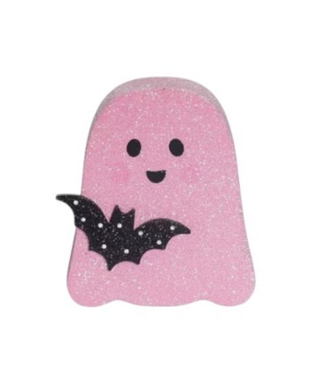 Three pastel ghost decorations including a white ghost with a witch hat, a blue ghost with a pumpkin, and a pink ghost holding a bat