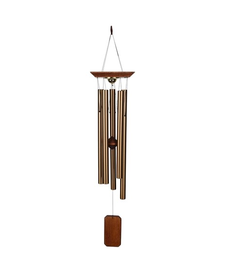 Bronze aluminum wind chime with six tubes, hardwood top, beveled wood striker, and rectangular wood sail, hanging against a plain white background.