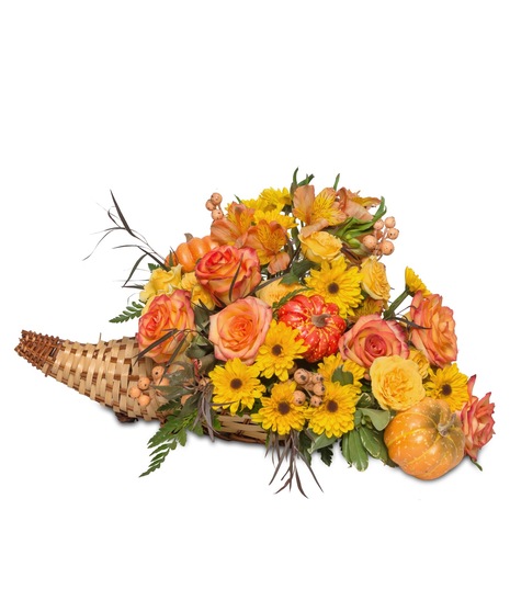 Cornucopia! horn of plenty table arrangement with Viking mums, two-tone roses, and festive faux pumpkins, a celebration of autumn