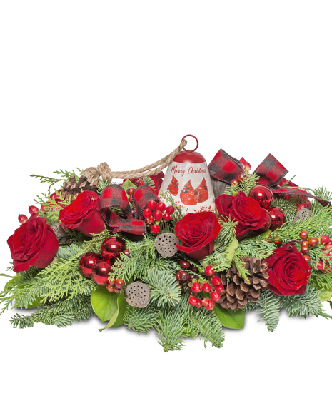 Cardinal Chime Table Centerpiece: Cinnamon, evergreens, and a keepsake Cardinal Bell Ornament - a perfect winter decoration.
