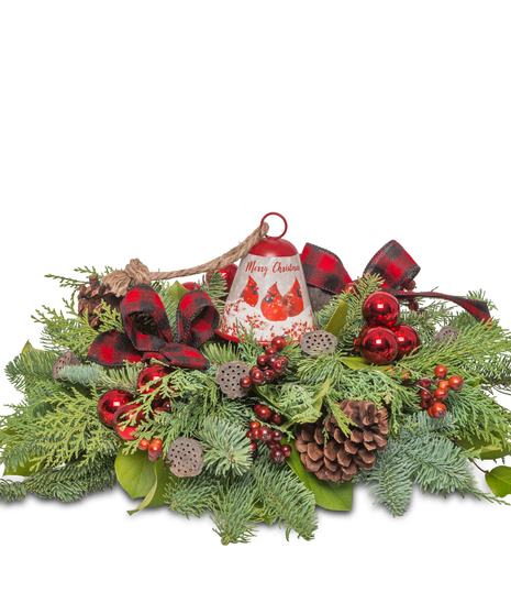 Cardinal Chime Table Centerpiece: Cinnamon, evergreens, and a keepsake Cardinal Bell Ornament - a perfect winter decoration.