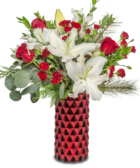 Winter Wishes' Vase Arrangement: White lilies, red roses, alstroemeria lilies - a fragrant, whimsical winter delight