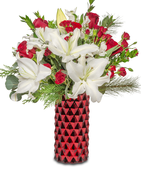 Winter Wishes' Vase Arrangement: White lilies, red roses, alstroemeria lilies - a fragrant, whimsical winter delight