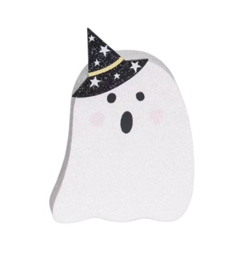 Three pastel ghost decorations including a white ghost with a witch hat, a blue ghost with a pumpkin, and a pink ghost holding a bat