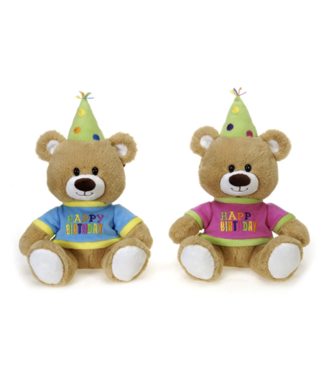 Birthday Bear a cheerful soft plush bear,  as a joyful birthday gift. Offered with a blue or pink shirt.