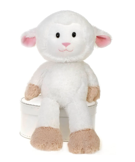 A plush toy of a soft, huggable lamb named Ellie with long dangly arms and legs.