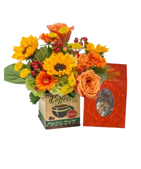 Flower arrangement with sunflowers, roses, and daisies in a vintage coffee tin. Optional gift combo includes a box of gourmet toffee.