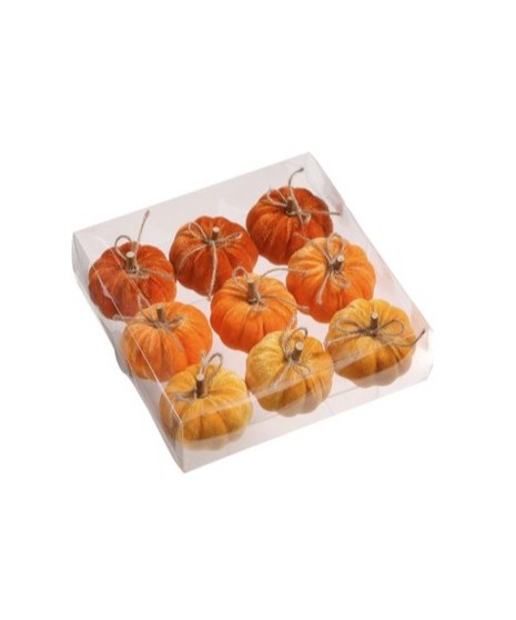 A clear box containing nine soft velvet mini pumpkins in shades of orange, gold, and brown with natural twine stems
